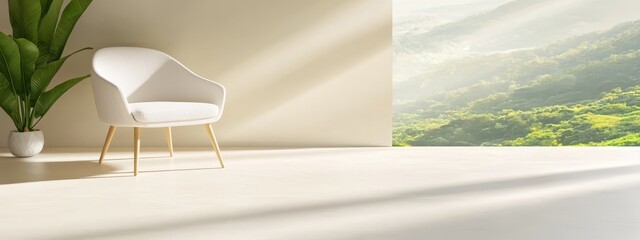 Canvas Print -  A chair and a potted plant in a corner, overlooking a large window with a mountain range view