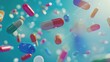 © SAIRA  BANO - Colorful pills and tablets falling on a blue background. A close-up of a medical capsule or pill flying through the air. Global illumination and volumetric light effects