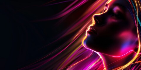 Canvas Print - Abstract background with a girl's face and neon light effects, vibrant colors, black background, dynamic lines, futuristic feel.