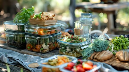 Sticker - A table set with a variety of healthy foods in glass containers, including salads and fruit.