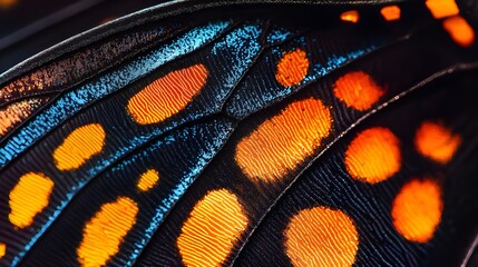 Close Up Macro Photography of Blue and Orange Butterfly Wing.