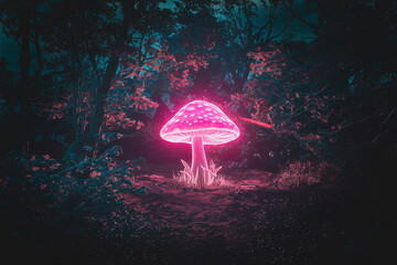 Vibrant neon mushroom glowing in a dark forest