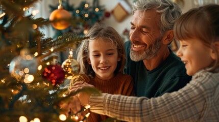 A grandfather and two children are happily hanging ornaments on a beautifully lit Christmas tree, surrounded by warm decorations in a festive living room