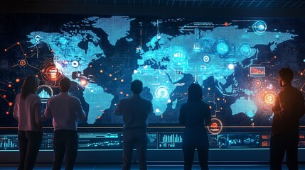 A digital map showing a real-time early warning system for natural disasters, with alerts and evacuation routes highlighted, futuristic interface, people using the information to make safe decisions