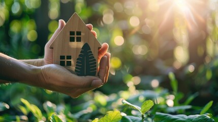 Concept of real estate business, house model and coins stack with green tree leaves on blurred background, banner for home casually