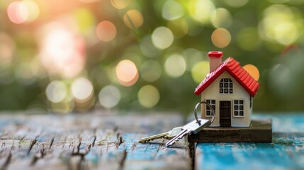 Concept of real estate business, house model and coins stack with green tree leaves on blurred background, banner for home casually