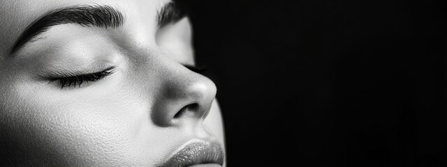 Wall Mural -  A black-and-white image of a woman's closed-eye face, eyes tucked gently to the sides