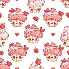 Sticker - Seamless pattern with cute romantic cream cupcake with heart on white background with strawberries berries. Funny sweet dessert cake kawaii character. Vector illustration