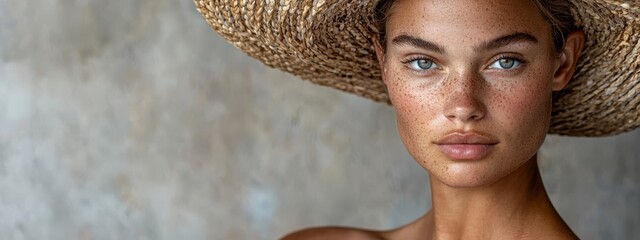 Wall Mural -  A woman with freckled hair wearing a straw hat gazes at the camera, her expression serious