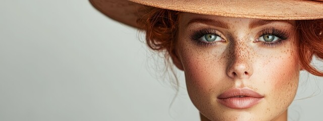 Wall Mural -  A tight shot of a woman's face adorned with freckles, topped with a hat