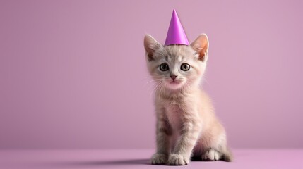 Wall Mural - A kitten wearing a purple party hat is sitting in front of a pink background.