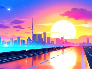 Wall Mural - Vibrant skyline at sunset with reflections along a dreamy coastal highway in Shanghai