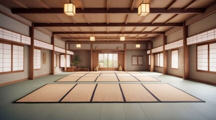 Wall Mural - Traditional Japanese-style room with high ceiling, wooden beams,