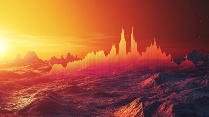 A stunning digital landscape featuring sound waveforms rising from a surreal terrain, illuminated by a vibrant sunset, creating an atmosphere of harmony and tranquility