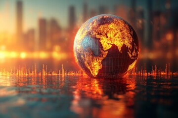 A glowing globe of Earth emerges from water, surrounded by a vibrant city skyline, symbolizing climate change and technological growth