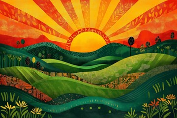 Illustration of the rising sun over green hills, decorated with traditional Ethiopian patterns. Concept Ethiopian New Year