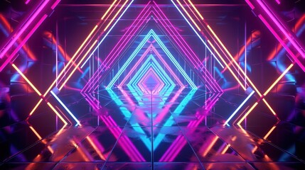 A futuristic neon-lit tunnel featuring geometric patterns in vibrant pink and blue, creating a sci-fi digital atmosphere.