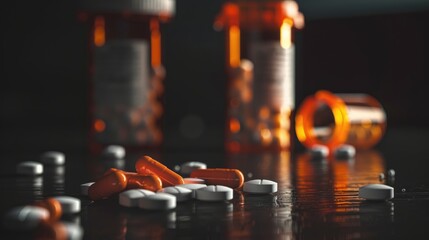 Pills and bottles of metrical composition, Close-up of orange white pills spilling out from an open bottle on the table with other medicine bottles in background,