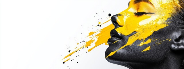 Wall Mural -  A woman's face, painted yellow and black, adorned with white paint splatters