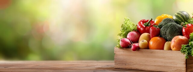 Wall Mural -  A wooden table holds a box made of wood, brimming with various fruits and vegetables