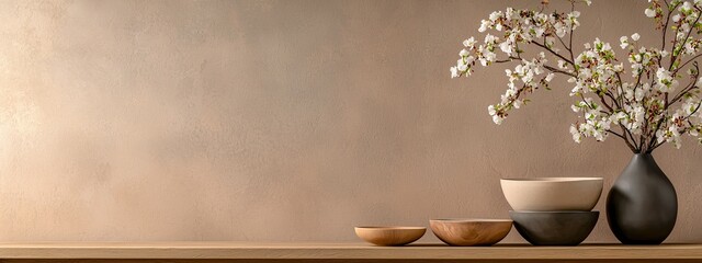  A wooden table holds a vase with white flowers Adjacent are two bowls and another vase, all brimming with white blooms