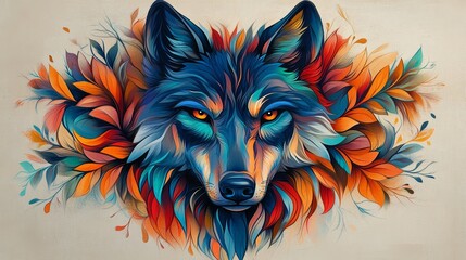 A vibrant, stylized wolf's face surrounded by colorful leaves, showcasing a blend of rich colors and artistic expression