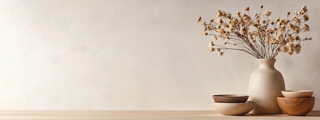 Canvas Print -  A white vase atop a wooden table, nearby are two bowls and a vase brimming with dried flowers