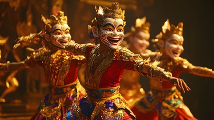 Wall Mural - Traditional Thai Dance: A traditional Thai dance performance with dancers in colorful costumes and intricate masks.
