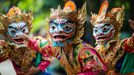 Wall Mural - Traditional Thai Dance: A traditional Thai dance performance with dancers in colorful costumes and intricate masks.
