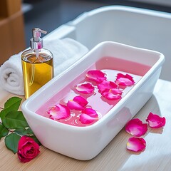 Relaxing spa scene with a bath filled with pink water and rose petals, accompanied by essential oil and fresh towels.