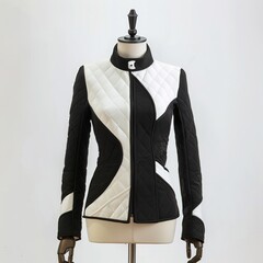 Wall Mural - A mannequin showcases a stylish black and white jacket isolated on white background 