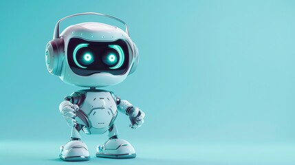 Poster - A white robot with headphones on a blue background.