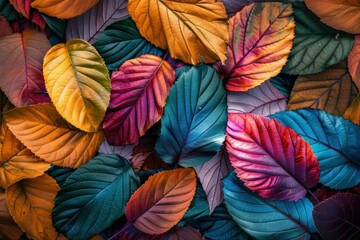 Poster - Vibrant colorful background filled with overlapping autumn leaves in many colors