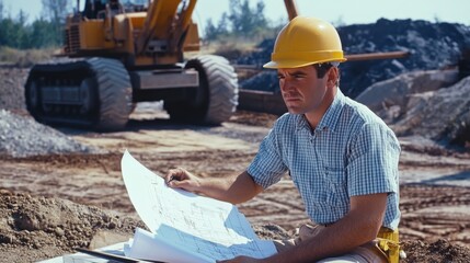 An engineer in a hard hat examines blueprints at a construction site with heavy equipment and machinery in the background, emphasizing the engineering expertise