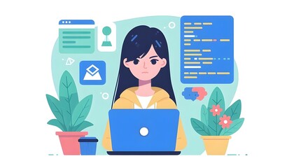 Flat vector illustration of a programmer coding on laptop 