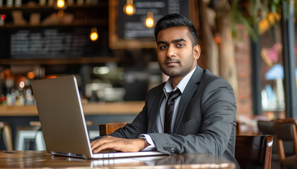 Canvas Print - A man in a suit is sitting at a table with a laptop open in front of him