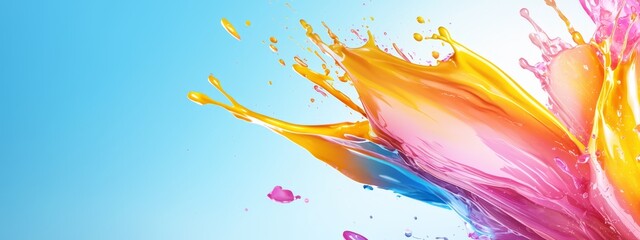 Wall Mural -  A multicolored liquid splashes high against a bright blue backdrop; above, a tranquil blue sky unfolds