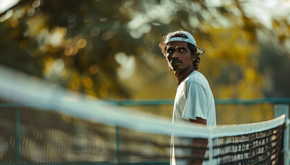 A man in a white shirt stands in front of a tennis net