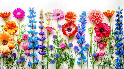 Wall Mural - Many different meadow flowers isolated on white, set