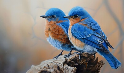 Wall Mural - Two male bluebirds on perch. 