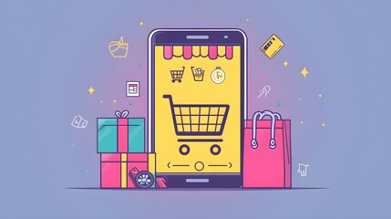 Wall Mural - flat design of a shopping app with cart, wishlist, and payment icons