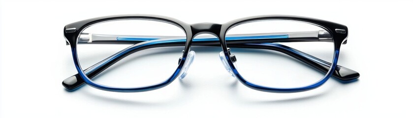 Modern Vision: Sleek black eyeglasses with blue accents, isolated on white, capturing the essence of style and clarity.