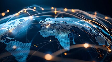 Abstract rendering of global supply chains influenced by economic policy, visualized through interconnected data streams