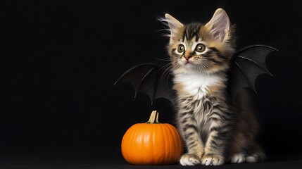 Wall Mural - A fluffy kitten with bat wings attached, sitting next to a small pumpkin, detailed fur texture and ultra-clear focus, solid black background, Halloween themed stock photo