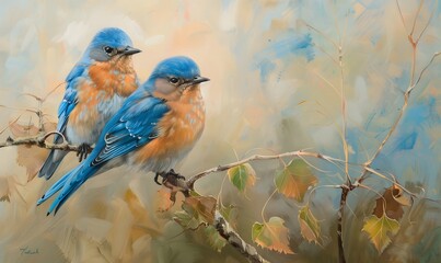 Wall Mural - Two male bluebirds on perch. 