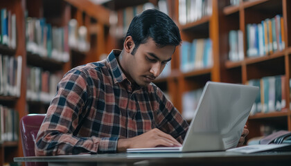 Wall Mural - A man is sitting at a table in a library with a laptop open in front of him