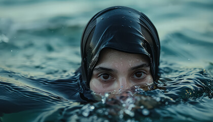 Wall Mural - A young girl is swimming in the water with her head covered