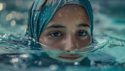 Wall Mural - A woman is in the water with her head above the surface