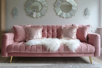 pink velvet double sofa bed with gold legs, white fur throw on top of the seat and two silver geometric shaped mirrors hanging above it in an elegant living room setting