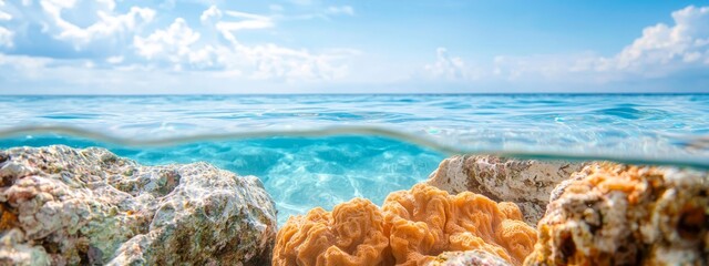 Canvas Print - rocks and corals in foreground, blue sky with clouds in background